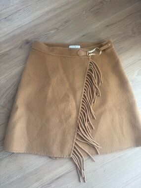 Sandro Camel Fringe Wrap Mini Skirt with Gold Buckle Accent